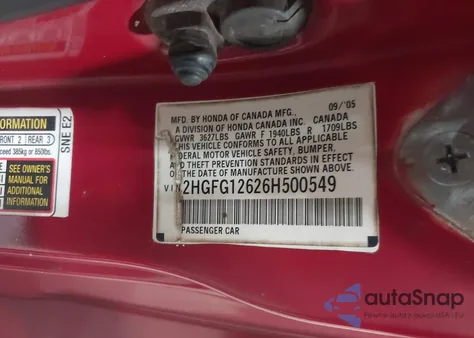 2006 Honda Civic Lx from USA, damaged, VIN 2HGFG12626H500549